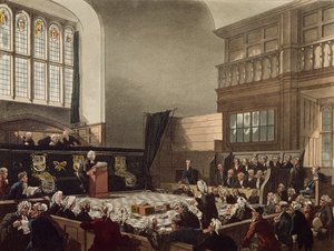 英国财政大臣，威斯敏斯特大厅，来自“伦敦的微观世界”，由JC Stadler（17,08-1812）雕刻，酒吧。作者：R. Ackermann（1764-1834）1808（彩色aquatint）