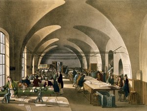 邮票办公室，Somerset House，来自Ackermann的伦敦微观世界（aquatint） 作者 普金和罗兰森