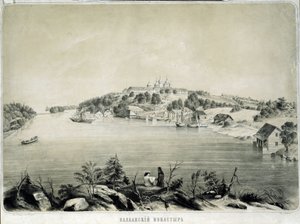 拉戈达湖瓦拉姆岛上的瓦拉姆修道院（或瓦拉莫）（俄罗斯）（The Valaam Monastery on Valaam Island in Lake Lagoda）。 彼得·费奥多罗维奇·博雷尔（Pyotr Fyodorovich Borel，1829-1898）绘制的绘画。 石版画，53.3 x 70.5 厘米