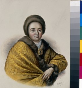沙皇娜塔莉亚·纳里什金娜 (Nathalie Narychkine) (1651-1694) 的肖像，俄罗斯沙皇阿列克谢一世 (1629-1676) 的妻子。 彼得·费奥多罗维奇·博雷尔（Pyotr Fyodorovich Borel，1829-1898 年）的作品，石版画，约 1860 年。俄罗斯艺术