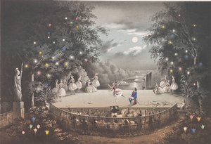 1851年，彼得·霍夫公园（CaféPugni）在粉红色亭子中的芭蕾舞剧《奈亚德与渔夫》。