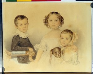 兰斯科伊孩子们的肖像。Pyotr (Piotr) Fyodorovich Sokolov（皮埃尔-索科洛夫）（1791-1848 年）的作品，纸板水彩画 作者 彼得·费奥多罗维奇·索科洛夫