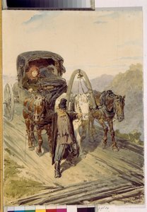 三驾马车（三匹马拉的俄罗斯马车）。Pyotr (Piotr) Petrovich Sokolov（1821-1899 年）的作品，纸上水彩画