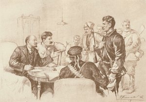 列宁和斯大林在1917年和1939年在斯莫尔尼宫对红卫兵讲话。 作者 彼得·瓦西里耶夫（Pyotr Vasilyev）
