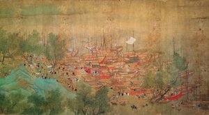 康熙皇帝 1699 年巡幸江汉》，取材于陈超平（1661-1722 年）（绢底纸本水墨设色） 作者 清代中文学校