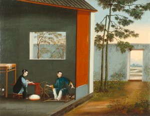 两个纺纱的女人，约 1800 年（布面油画） 作者 清代中文学校