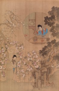 花园中的女人 - 圆形窗户中的女人 作者 仇英