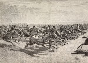 意大利军队的炮兵全速通过，意大利伦巴第，根据Quinto Cenni的画作雕刻，出自《意大利画报》，第12年，第40期，10月4日 作者 昆图森尼