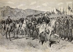 国王翁贝托一世视察佛罗伦萨长枪队，马丁-迪-蒙图将军在他身后，9月28日，意大利波代诺内的骑兵演习，根据Quinto Cenni的绘图雕刻，来自《意大利画报》，第41期，10月12日 作者 昆图森尼