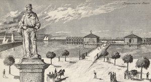 纪念意大利政治家和爱国者朱塞佩-加里波第（1807-1882）的纪念碑，背景是浴场，意大利切塞纳蒂科。 作者 昆图森尼