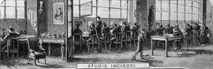特雷韦斯兄弟的办公室，雕刻师部门，意大利米兰，Quinto Cenni（1845-1917）的插图，来自《意大利画报》。 作者 昆图森尼