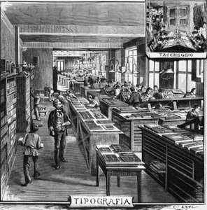 特雷韦斯兄弟的办公室，排版和叠加，意大利米兰，昆托-切尼（1845-1917）的插图，来自《意大利插图》。 作者 昆图森尼