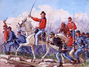Risorgimento：朱塞佩·加里波第（1807-1882）的军队向罗马进军。 Quinto Cenni 1892 年的水彩画 作者 昆图森尼