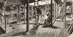宿舍楼下的士兵，Principe Amedeo 号船，意大利红海远征队，由 Quinto Cenni 的绘画雕刻和 M Dal Don 的素描，来自 L