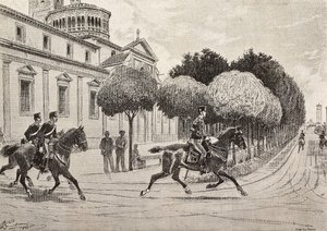 骑马的士兵在意大利萨隆诺的Beata Vergine dei Miracoli圣殿前经过，根据Quinto Cenni的画作雕刻，出自《意大利画报》，第12年第38期，9月20日 作者 昆图森尼