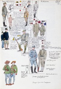 1915 年意大利王国的制服，来自 Cenni Codex 的版画，水彩军事素描集 作者 昆图森尼