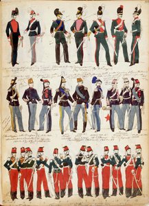 1860年前后普遍使用的各种意大利制服，由Quinto Cenni创作，彩色图版
