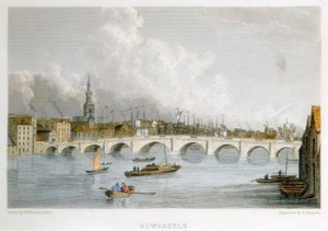 英国泰恩河畔纽卡斯尔的石拱桥，约1830年。   作者 弗朗西斯