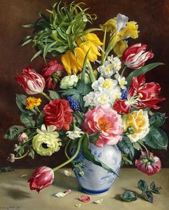 蓝色和白色花瓶里的郁金香，玫瑰，水仙和其他花 作者 克劳斯纳