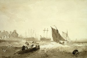 圣瓦莱里-索姆河畔的航运，约 1821 年（石墨上的棕色水彩） 作者 RP波宁顿