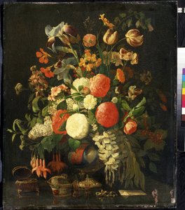 “花束”（鲜花） 桌子上放着首饰盒。 Rachel Ruysch (1664-1750) 的绘画 18 世纪 Mikhail Kroshitsky 艺术博物馆，塞瓦斯托波尔 (塞瓦斯托波尔) 乌克兰 作者 雷切尔·鲁伊什