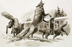 雪地列车上的乘客与饥饿的狼群搏斗（水粉画，纸本）