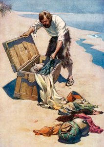 丹尼尔·笛福为《鲁宾逊漂流记》绘制的插图（彩色平版印刷）