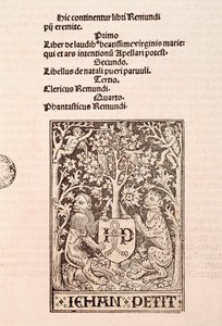 Ramon Llull（1235-1315）手抄本“De Laudibus Beatissimae Virginis Mariae”的页面，描绘了两只狮子拿着印刷商 Jehan Petit 的徽章 作者 拉蒙·鲁尔（Ramon Llull）