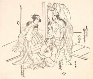 戏剧中的场景：松本吉郎一世和其他两位演员。 作者 兰舒