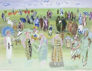 赛马场上的波瓦雷特人体模特，带蓝色雨伞；Les Mannequins de Poiret aux Courses, a l