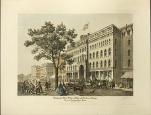 芝加哥州和迪尔伯恩之间的华盛顿街，显示 1864 年的克罗斯比歌剧院 作者 拉乌尔·瓦林