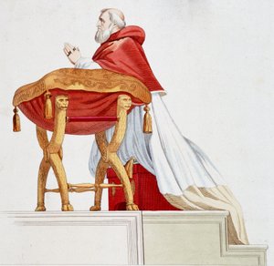 教皇儒勒二世在祈祷中的画像。 拉斐尔 (Raffaello Sanzio) 的一幅画后雕刻 作者 在拉斐尔之后