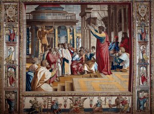 使徒圣保罗在拉斐尔·桑齐奥·拉斐尔（Raffaello Sanzio dit Raphael，1483-1520 年）在 16 世纪初的纸板上作画后，在 Athenes Tapestry 的空中布道。 4,95x6,45 m Mantua, ducal palazzo (Mantua) 作者 在拉斐尔之后