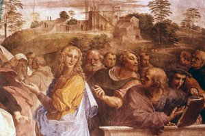 文艺复兴时期意大利艺术家拉斐尔的壁画 "圣事之争 "细部 作者 Raphael (1483 1520)