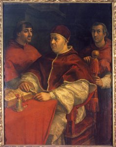 教皇利奥十世（1475-1521）的肖像，他是洛朗-德-美第奇（1449-1492）（Laurent the Magnificent: Lorenzo il Magnifico）的儿子，身边有红衣主教路易吉-德-罗西和朱利奥-德-美第奇。拉斐尔（Raffaello Sanzio 1483 - 1520）的绘画。16世纪。乌菲 作者 拉斐尔