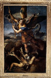 Saint Michael defeating the dragon or the great Saint Michael Painting by Raffaello Sanzio dit Raphael (1483-1520) 1518. Sun 2,68x1,6 m Paris musee du Louvre