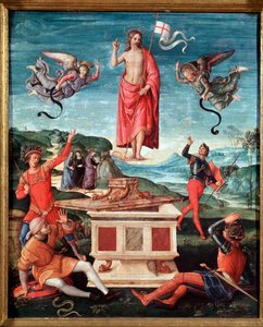复活 (The resurrection of Christ) 耶稣基督有一个十字架，在十字架的末端漂浮着一面带有红十字的白旗（标准）罢工 - Raffaello Sanzio dit Raphael (1483-1520) 1501-1502 Dim 52x44 cm Sao 保罗，艺术博物馆 作者 拉斐尔