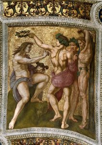 马西亚斯和阿波罗。在Stanza della Segnatura的天花板壁画，约1510-1511。 作者 拉斐尔