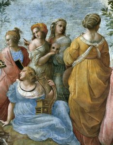 帕纳索斯号。细节。在Stanza della Segnatura的壁画，约1510-1511。 作者 拉斐尔