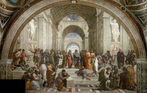 雅典学校。在Stanza della Segnatura的壁画，约1510-1511。 作者 拉斐尔