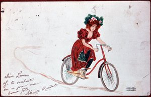 骑自行车的女人的明信片 - R. Kirchner 的插图，1900 年