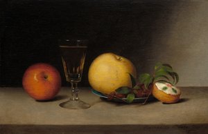 苹果、雪利酒和茶饼的静物画，1822年。
