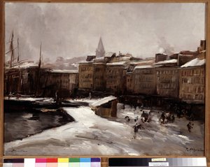 雪下的马赛港口码头 雷蒙-阿莱格尔（1857-1933 年）的画作 尺寸：56x74 厘米尺寸：56x74 厘米必须注明：马赛普罗旺斯问候基金会收藏 作者 雷蒙德·阿勒格里（Raymond Allegre）