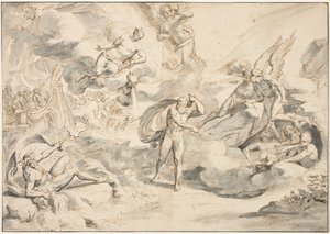 Aeolus Obeying Junos命令创造风暴，c.1683-84（笔和墨水在纸上洗）
