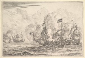 海军遭遇，右边有三艘船，来自海战Nieuwe Scheeps Bat ...，1652-54。 作者 雷尼尔·塞曼