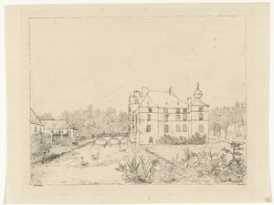 坎南伯奇堡侧视图，入口桥附近有房屋 作者 Reinierus Albertus Ludovicus baron van Isendoorn à Blois