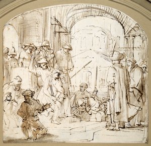 被嘲笑的基督（纸上水墨画笔）。 作者 伦勃朗·哈门斯（Rembrandt Harmensz）。范里恩（学校）
