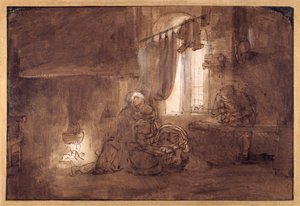 木匠店里的神圣家族（纸上水洗笔和墨水） 作者 伦勃朗·哈门斯（Rembrandt Harmensz）。范里恩（学校）