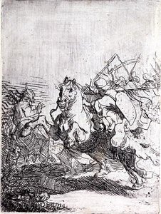 骑兵的战斗（纸上笔墨）。 作者 伦勃朗·哈门斯。范赖恩