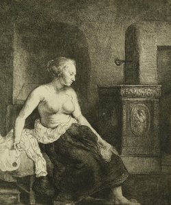 1658年，一个坐在炉子旁边的女人 作者 伦勃朗·范·赖恩